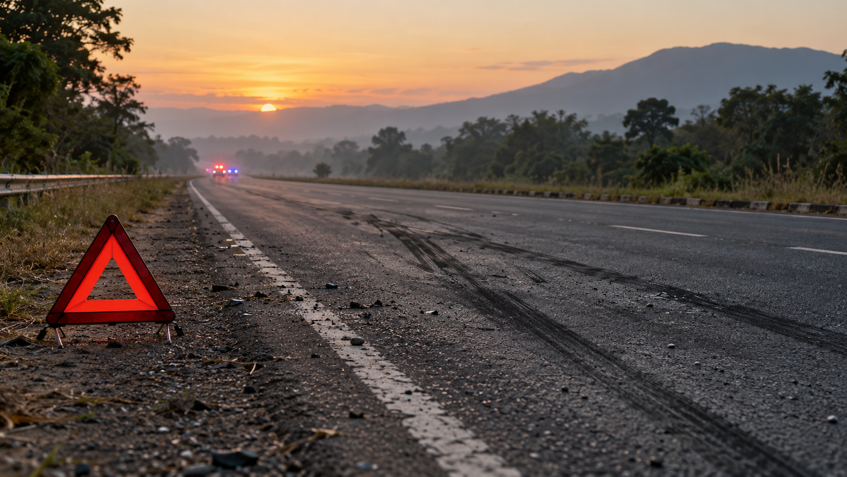 An empty Tanzanian highway at dawn with a warning triangle, skid marks and distant emergency lights