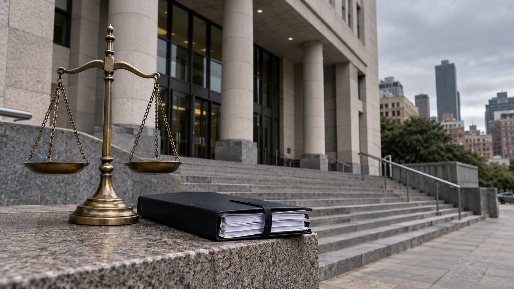 Conceptual editorial view of courthouse steps, a closed case file and scales of justice