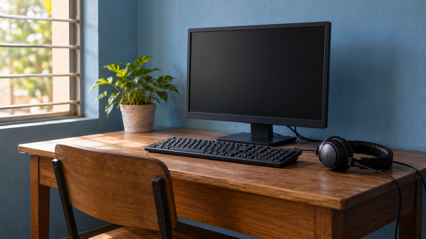 AI-created conceptual image of an empty desk with a desktop monitor, keyboard and headphones beside a sunlit window