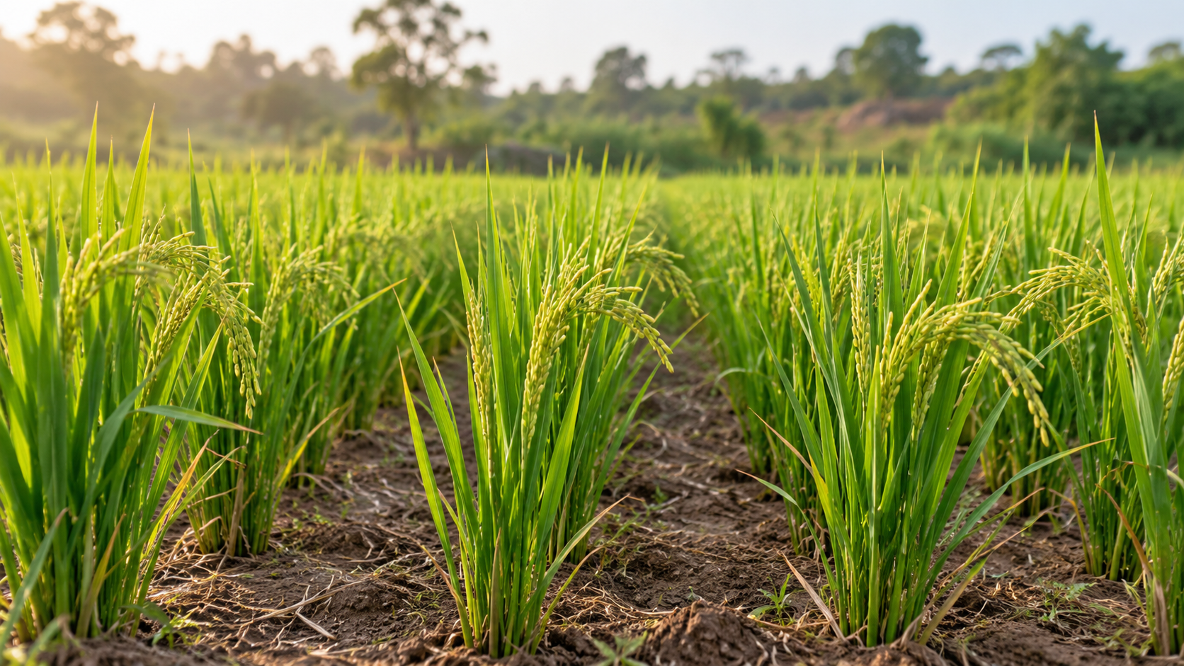 Parallel rows of rice plants with soil visible between them in an imagined upland demonstration plot