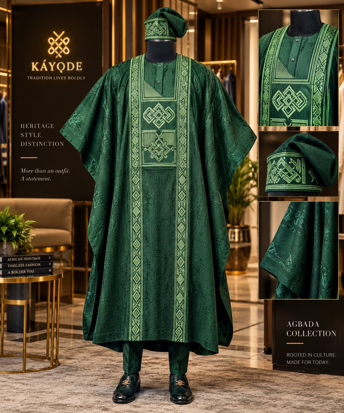 A full-length emerald-green agbada with geometric embroidery, matching cap and detail panels