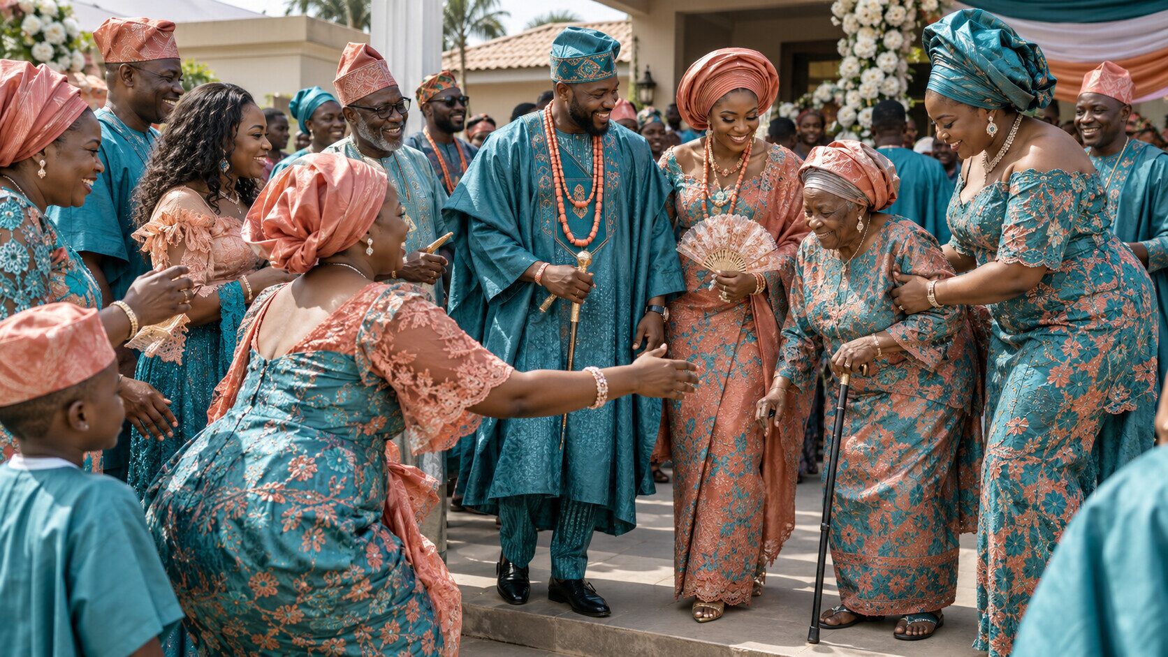 Conceptual illustration of a multigenerational Nigerian wedding group in individually styled teal and coral aso ebi