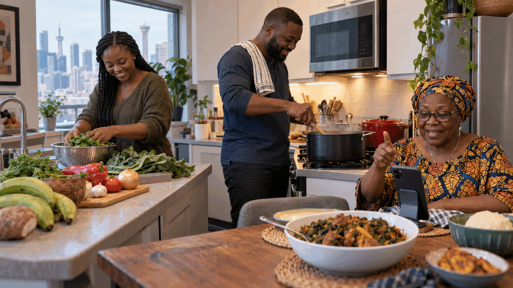 A Nigerian diaspora family adapting familiar recipes together in a compact North American apartment kitchen