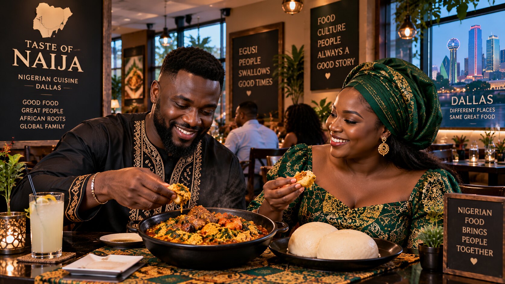 A Nigerian couple sharing egusi soup with pounded yam at a restaurant table