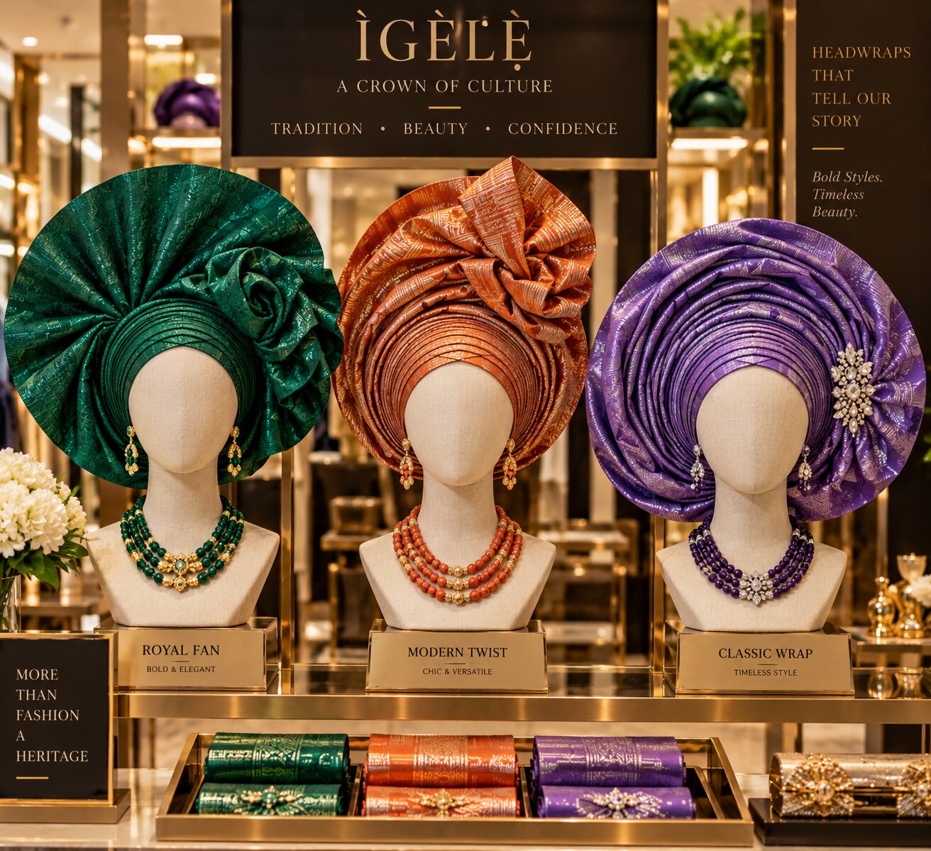 Three sculptural gele headwraps in emerald green, burnt orange and purple displayed on forms