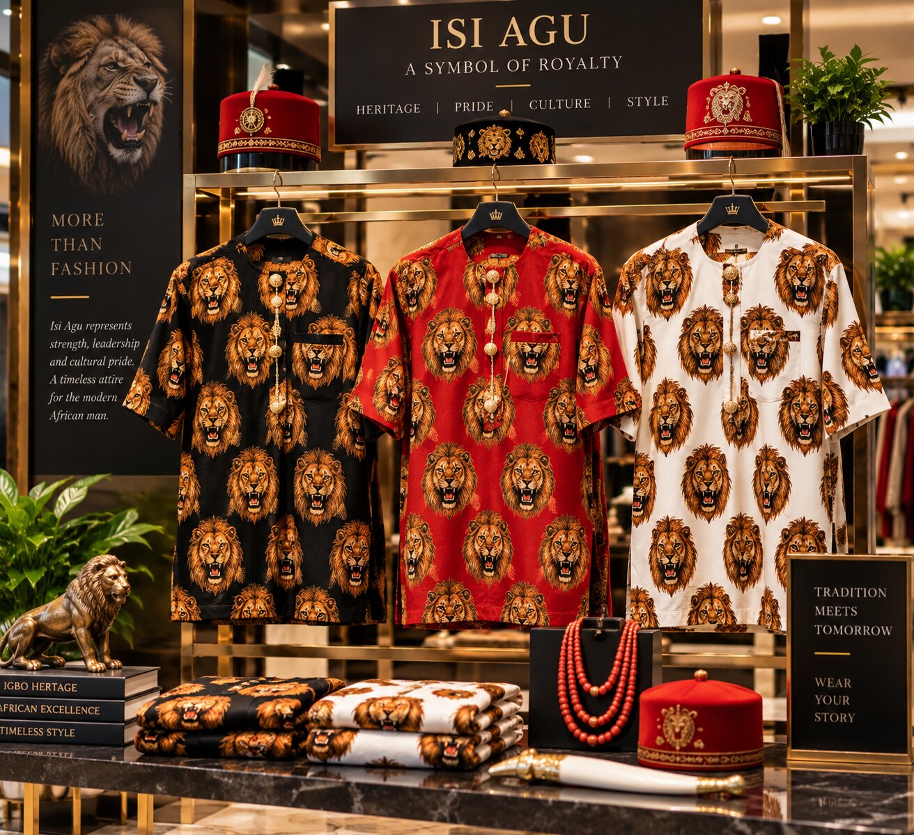 Black, red and white Isi Agu shirts with lion-head motifs, caps and coral beads