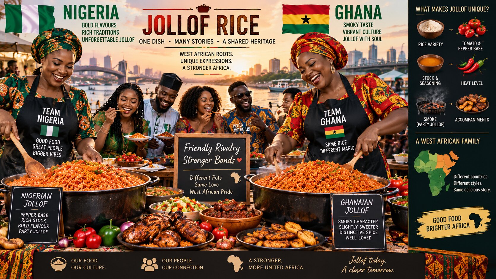 Nigerian and Ghanaian cooks serving large pots of jollof rice at a lively West African gathering