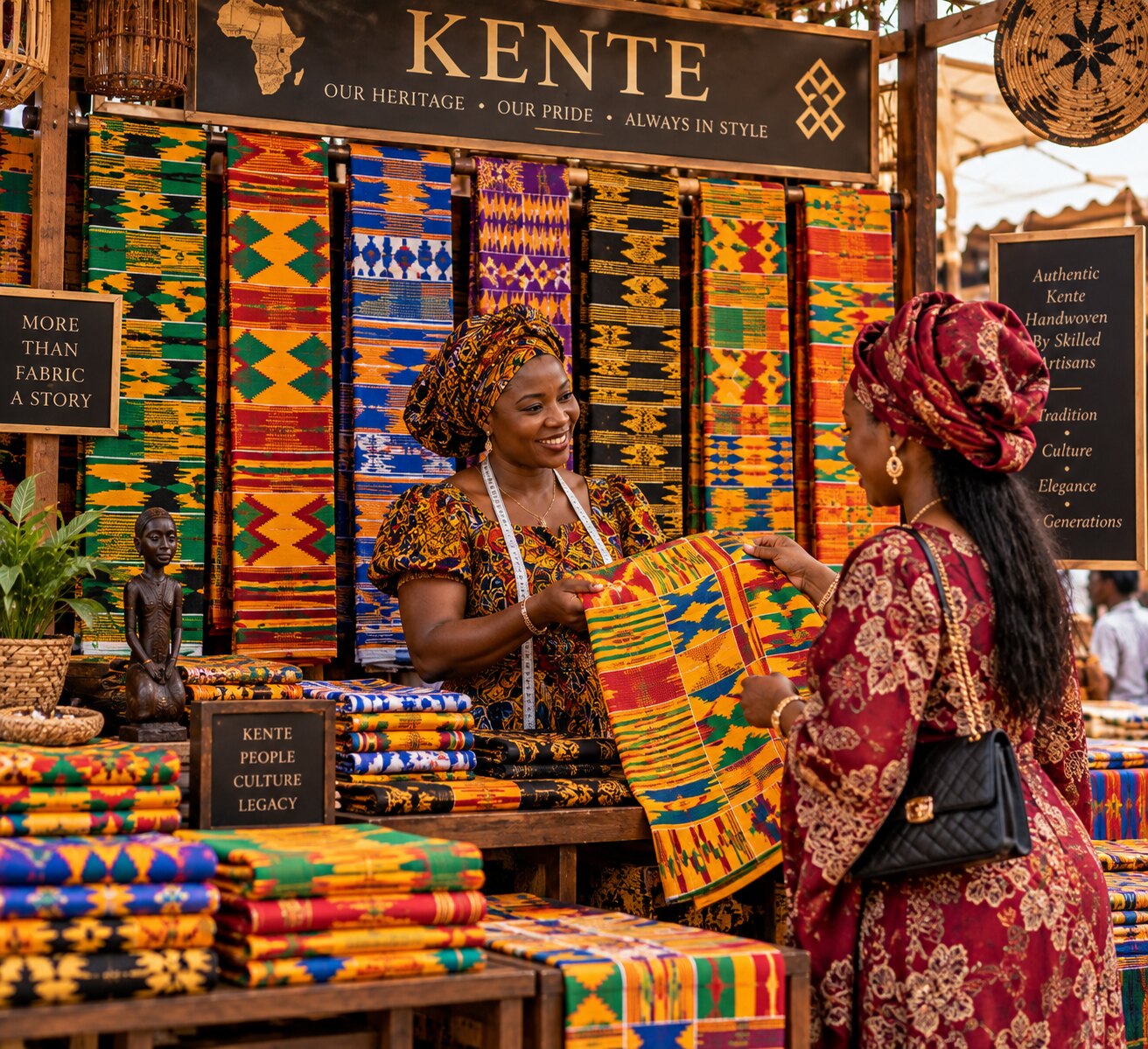 A Kente cloth stall displaying vivid handwoven patterns as a textile seller serves a customer
