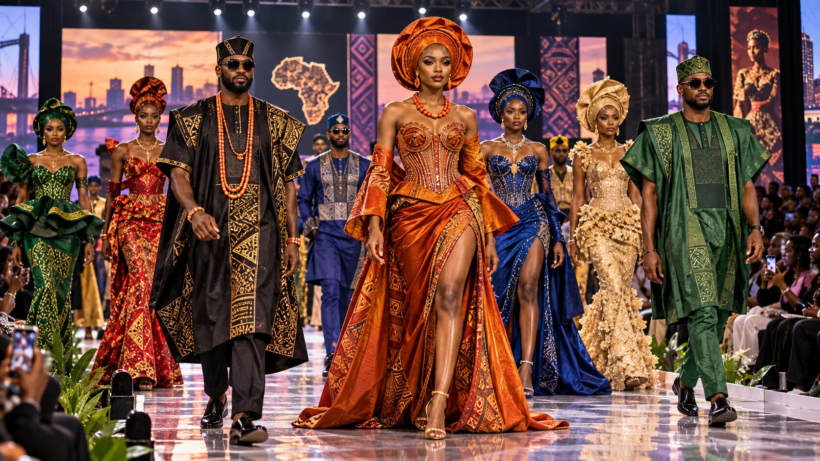 Male and female models presenting richly detailed African fashion on a Lagos runway