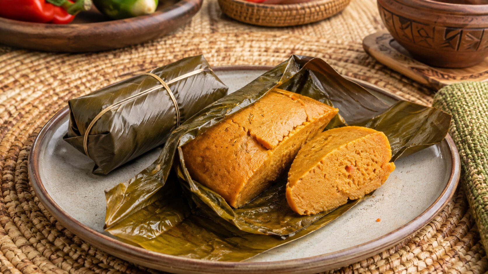 Fresh Nigerian moi moi unwrapped from broad leaves, with a cut portion showing its smooth steamed texture