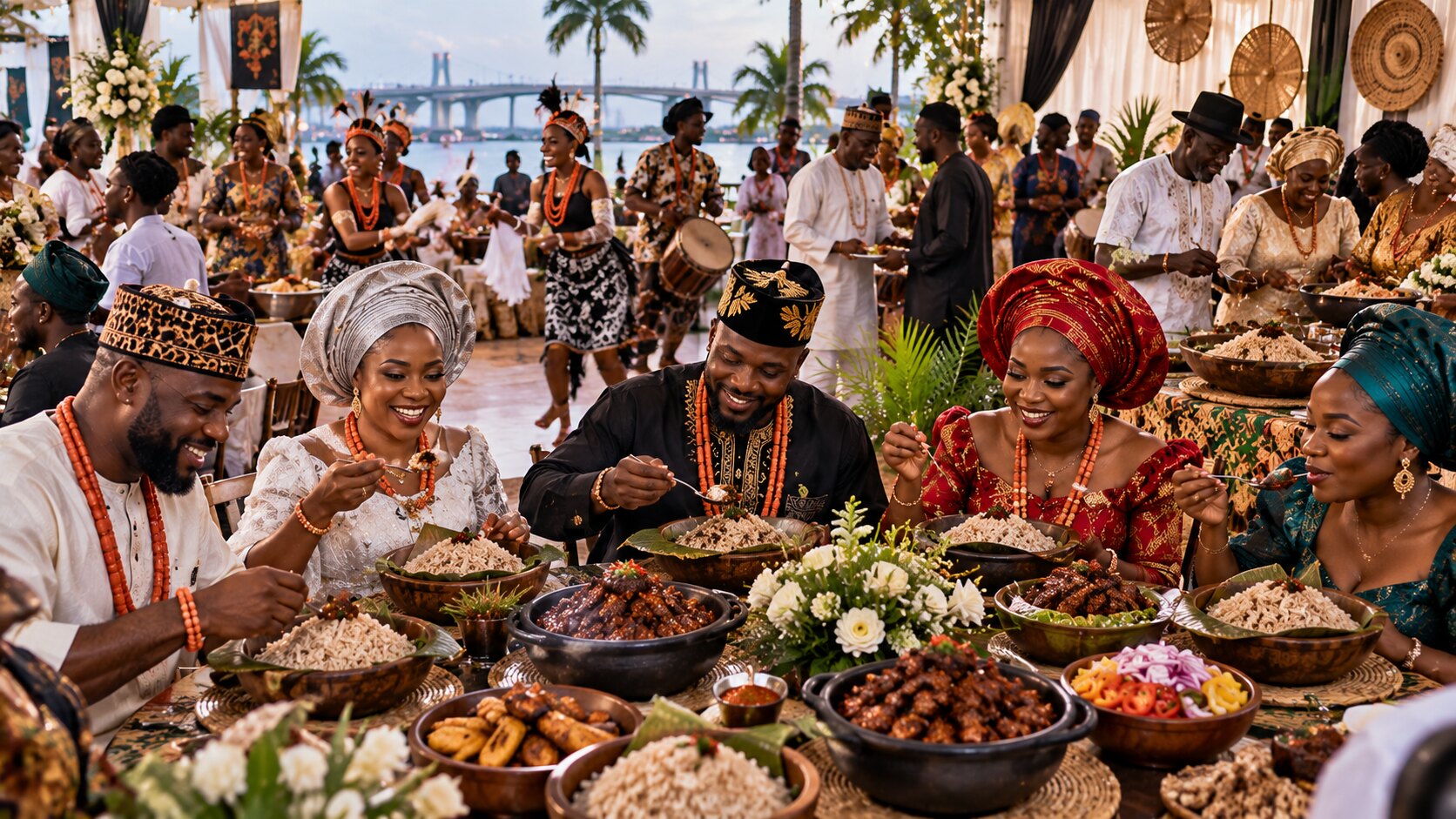 Nigerian guests in ceremonial dress sharing bowls of Ofada rice and richly coloured pepper stew at a waterfront celebration