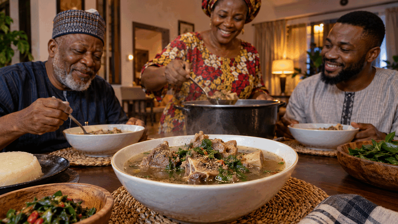 Three generations of a Nigerian family sharing steaming goat-meat pepper soup around a warmly lit dining table