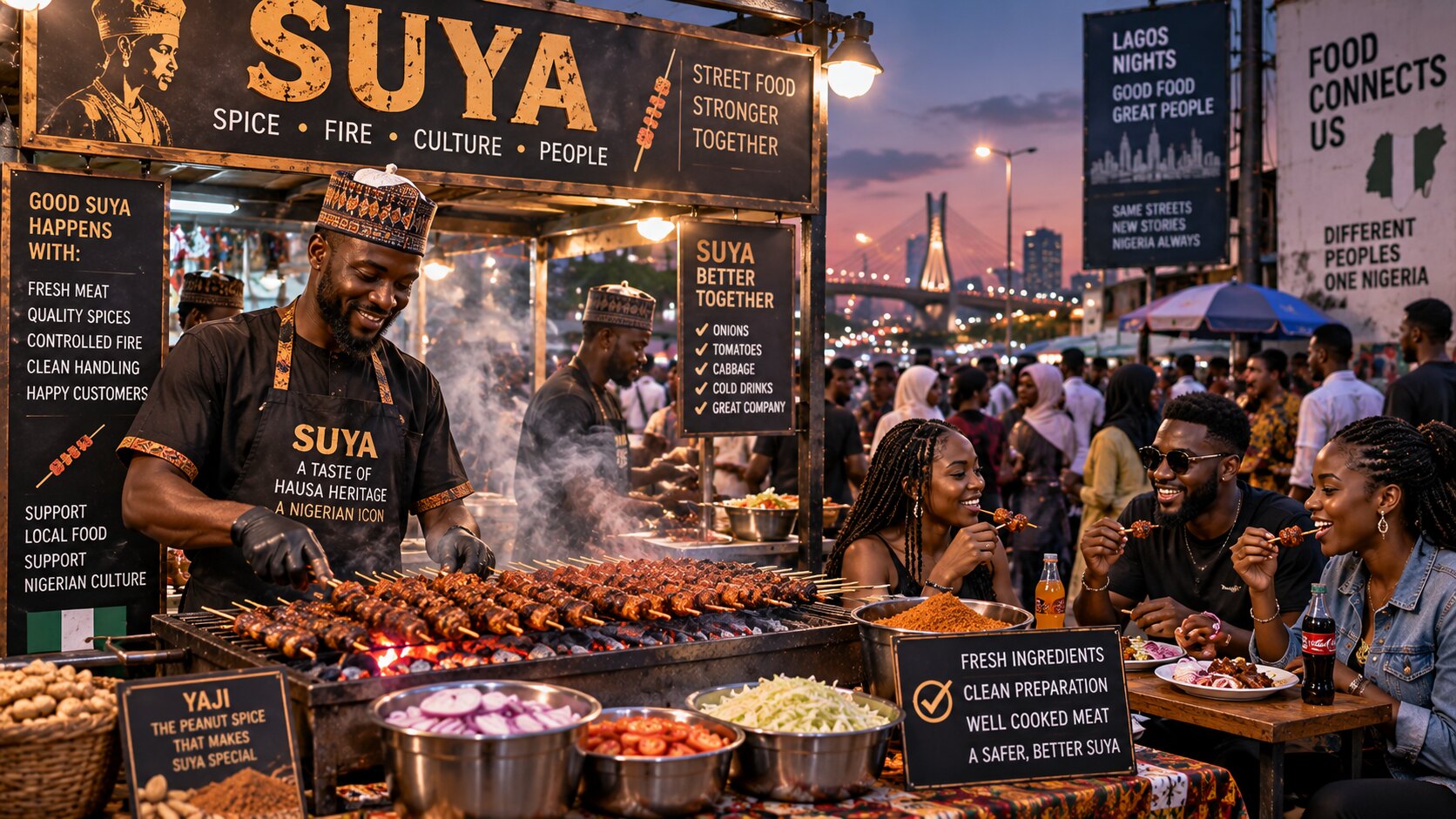 A suya vendor grilling skewered meat for customers at a busy Lagos night market