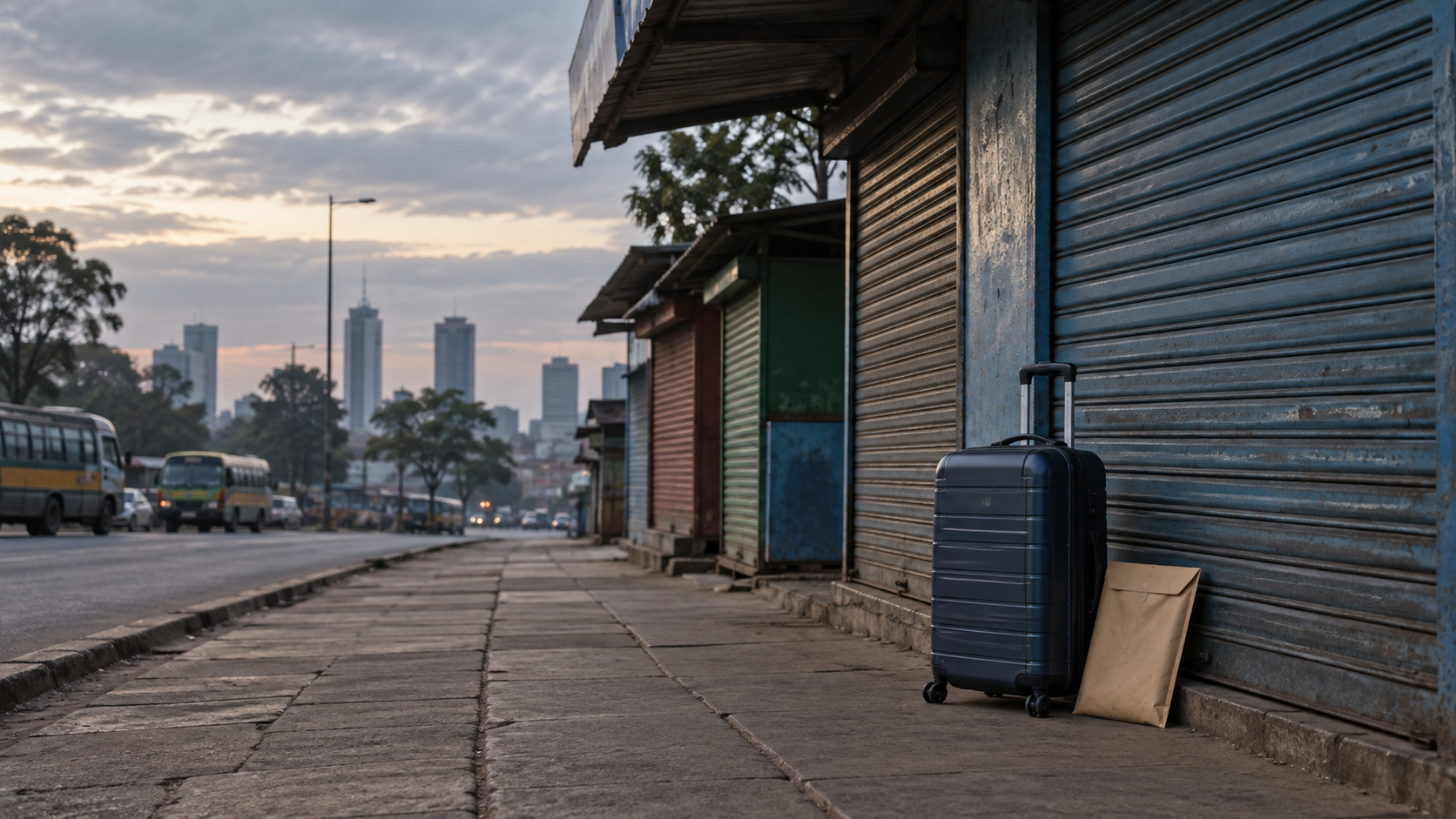 Conceptual view of closed Nairobi kiosks with a suitcase and document envelope beside a shutter