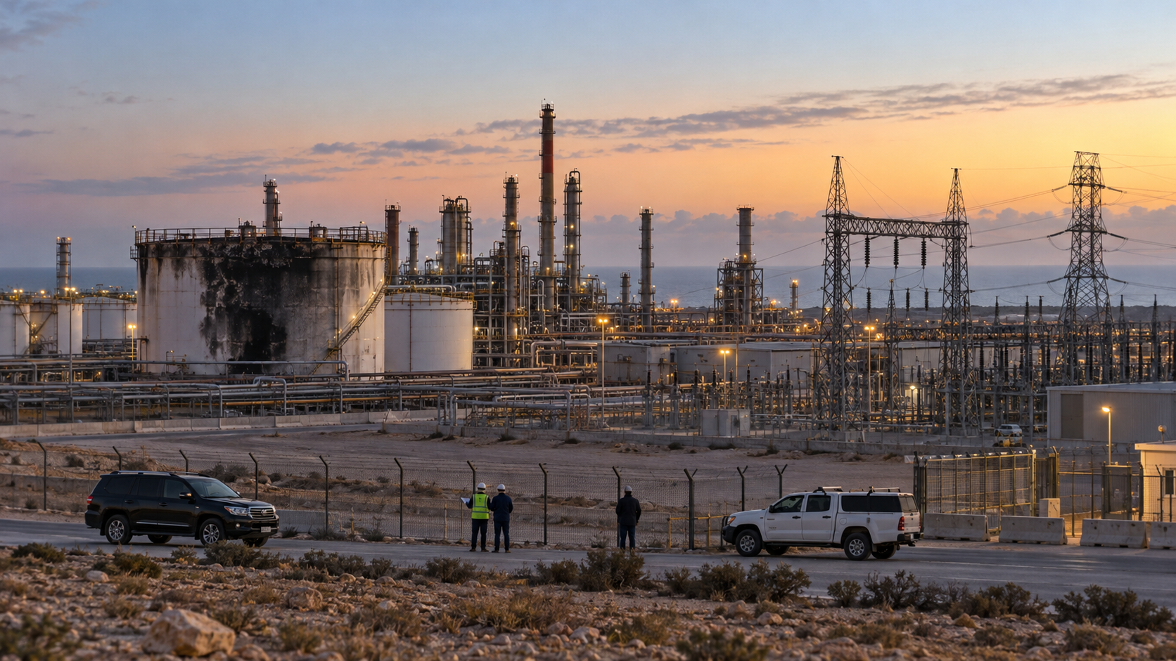 AI-created editorial image of investigators outside a North African refinery and electrical substation after damage to an oil tank