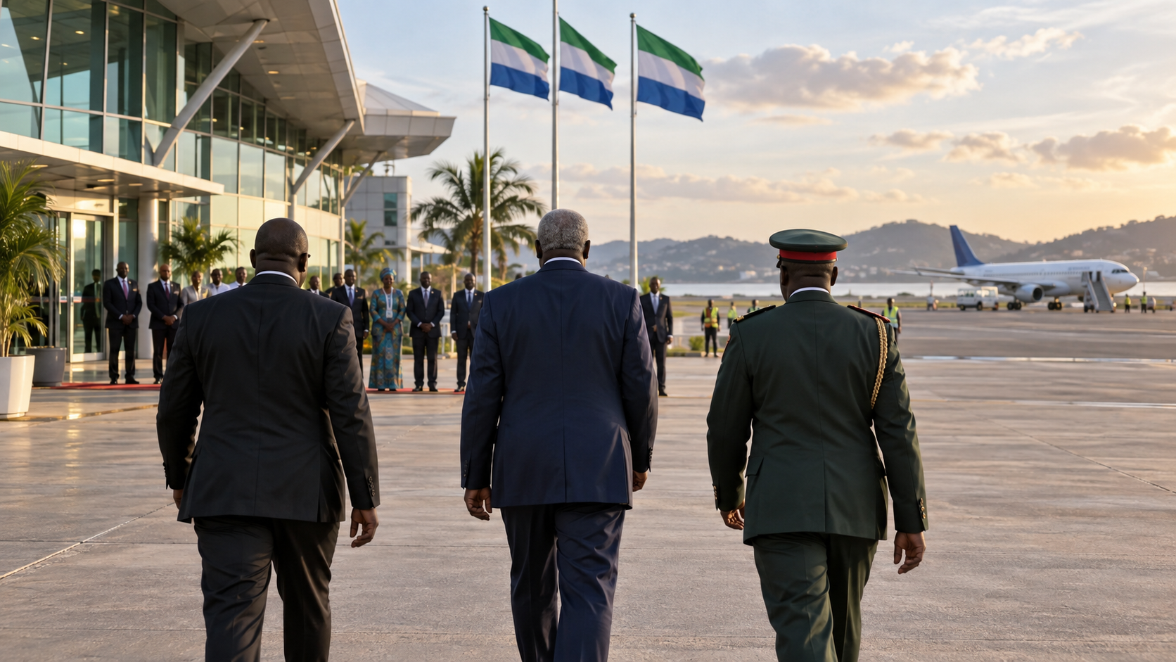 AI-created editorial scene of an older statesman and escorts walking toward a welcome delegation at an airport in Sierra Leone