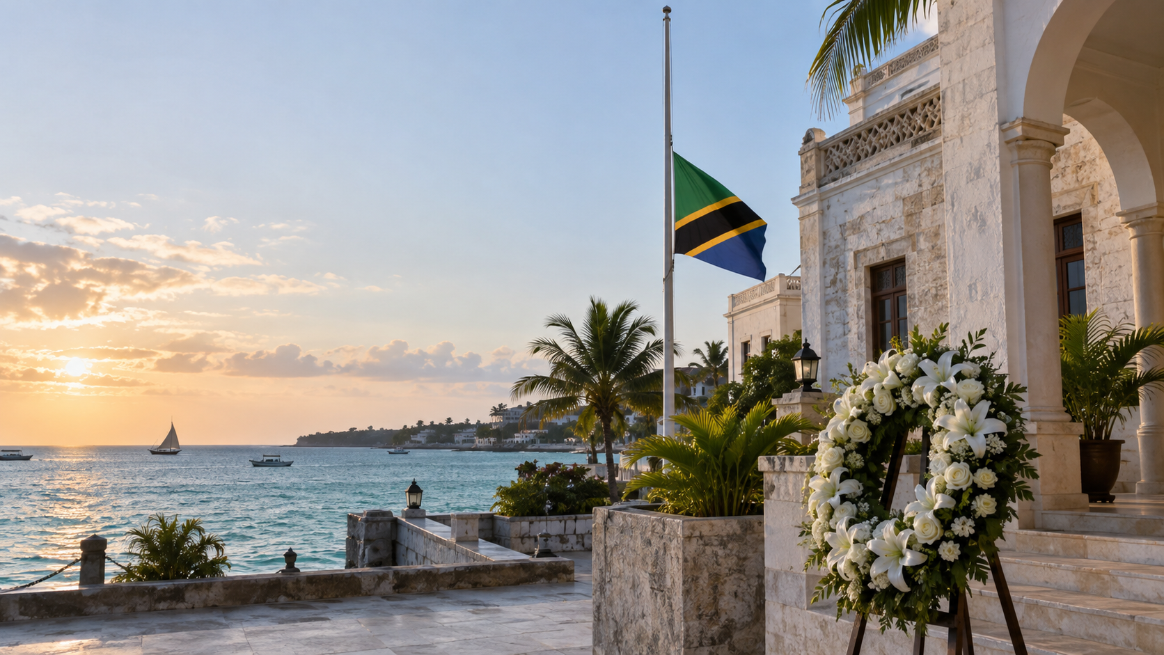 AI-created editorial memorial scene with Tanzania’s flag at half-mast beside Zanzibar’s waterfront