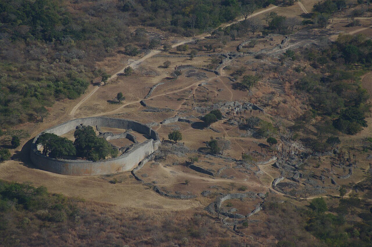 Aerial view of the stone ruins at Great Zimbabwe